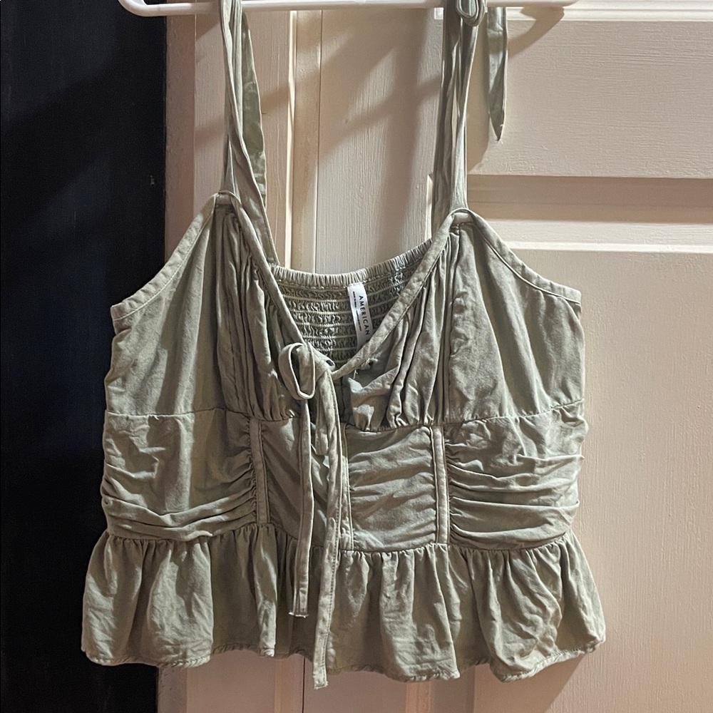 American Eagle Outfitters Light Olive Tie-Front Ruffle Camisole
